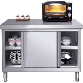 Stainless Steel Commercial Worktable w/Sliding Doors for Prep & Work, 39" x 20" Commercial Kitchen Prep Table, Heavy Duty Workbench w/Cabinet for Home, Restaurant, Hotel and Garage