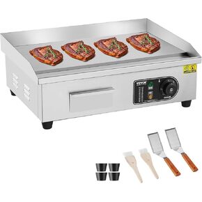 VEVOR Commercial Electric Griddle, 3200W Countertop Flat Top Grill, 122℉-572 ℉ Adjustable Temp, 21.26 x 11.81 x 0.39in Stainless Steel Griddle Grill with 2 Shovels and 2 Brushes for Home or Restaurant