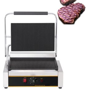 Commercial Single Countertop Panini Grill,Sandwich Maker Machine,Electric Contact Grill Single Grooved Top&Bottom 110V 1800W