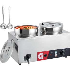 GarveeTech Commercial Soup Warmer 2X7.4QT - Stainless Steel Buffet Bain Marie, 86-185℉ Adjustable Temp, Anti-Dry Burn, Reset Button, 1200W Electric Food Warmer for Restaurant