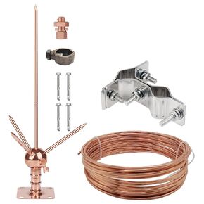 Lightning Rod,Copper Brass Lightning Rod Kit System with 60 feet 6 AWG Down Conductor and UL Listed Rod Clamp for Pole Top House Tower Tank Roof Safety (1.7Ft, Lightning Rod Kit with 60 Feet Cable)