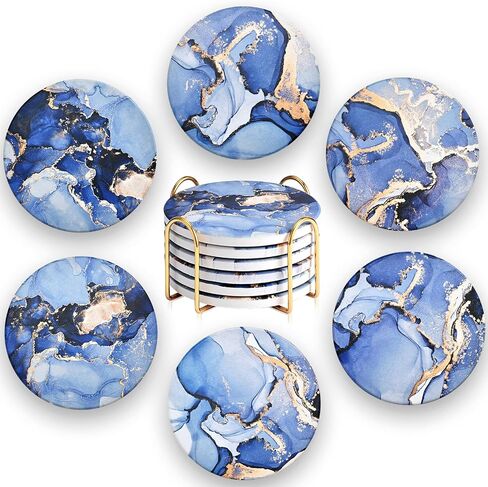 CoColemon Navy Blue Thirstystone Coasters for Drinks, Marble Abstract Ceramic Coasters with Holder, Round Coffee Table Decor, Stone Coaster Set of 6 ( in Saudi Arabia