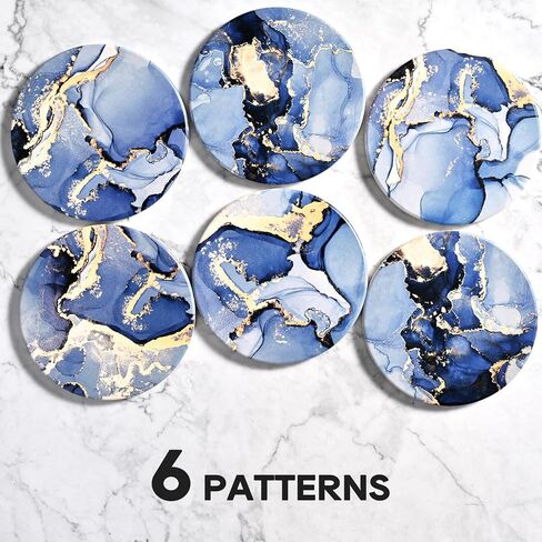 CoColemon Navy Blue Thirstystone Coasters for Drinks, Marble Abstract Ceramic Coasters with Holder, Round Coffee Table Decor, Stone Coaster Set of 6 ( in Saudi Arabia