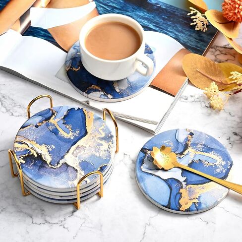 CoColemon Navy Blue Thirstystone Coasters for Drinks, Marble Abstract Ceramic Coasters with Holder, Round Coffee Table Decor, Stone Coaster Set of 6 ( in Saudi Arabia