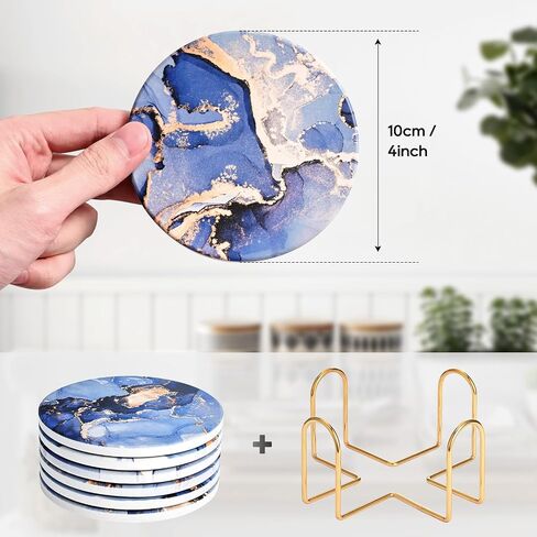 CoColemon Navy Blue Thirstystone Coasters for Drinks, Marble Abstract Ceramic Coasters with Holder, Round Coffee Table Decor, Stone Coaster Set of 6 ( in Saudi Arabia