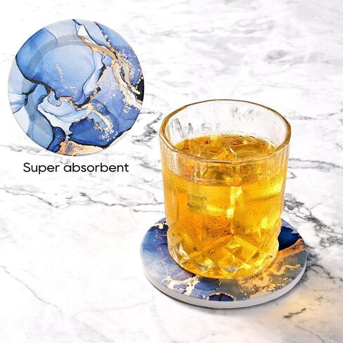 CoColemon Navy Blue Thirstystone Coasters for Drinks, Marble Abstract Ceramic Coasters with Holder, Round Coffee Table Decor, Stone Coaster Set of 6 ( in Saudi Arabia