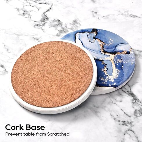 CoColemon Navy Blue Thirstystone Coasters for Drinks, Marble Abstract Ceramic Coasters with Holder, Round Coffee Table Decor, Stone Coaster Set of 6 ( in Saudi Arabia