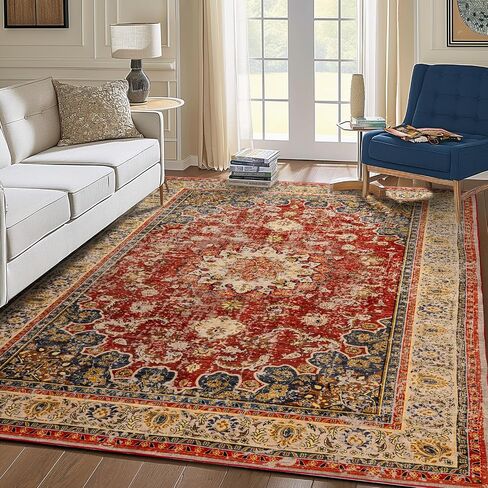Washable Area Rug,Indoor Vintage Living Room Carpet,Soft,Low Pile,Non Shedding, Easy Clean,Machine Wash,Non Slip Soft Large Rug Bohemian for Bedroom,Entry Throw Carpet Stain Resistance in Saudi Arabia
