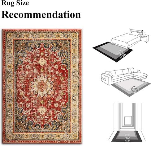 Washable Area Rug,Indoor Vintage Living Room Carpet,Soft,Low Pile,Non Shedding, Easy Clean,Machine Wash,Non Slip Soft Large Rug Bohemian for Bedroom,Entry Throw Carpet Stain Resistance in Saudi Arabia