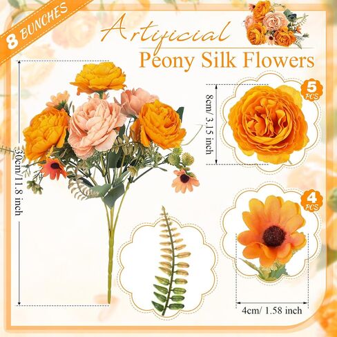 8 Pack Artificial Peony Silk Flowers Fake Peonies Vintage Wedding Bouquets Faux Flowers for Bride Wedding Home Birthday Arrangement Table Decoration (Orange) in Saudi Arabia