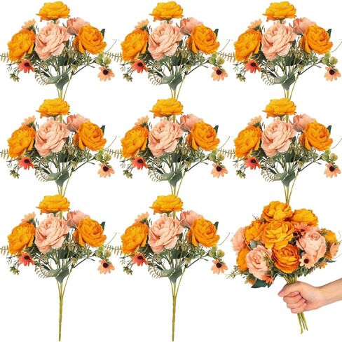 8 Pack Artificial Peony Silk Flowers Fake Peonies Vintage Wedding Bouquets Faux Flowers for Bride Wedding Home Birthday Arrangement Table Decoration (Orange) in Saudi Arabia