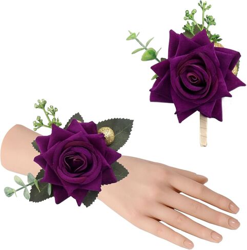 Ciandid Purple Rose Groom Boutonniere & Bride Wrist Corsage Set of 2, Artificial Flowers for Wedding Ceremony Party Prom in Saudi Arabia
