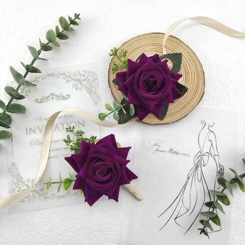 Ciandid Purple Rose Groom Boutonniere & Bride Wrist Corsage Set of 2, Artificial Flowers for Wedding Ceremony Party Prom in Saudi Arabia