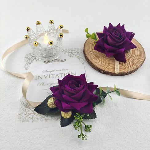 Ciandid Purple Rose Groom Boutonniere & Bride Wrist Corsage Set of 2, Artificial Flowers for Wedding Ceremony Party Prom in Saudi Arabia