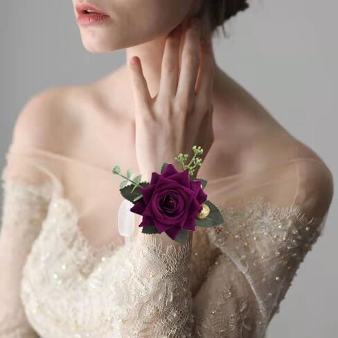 Ciandid Purple Rose Groom Boutonniere & Bride Wrist Corsage Set of 2, Artificial Flowers for Wedding Ceremony Party Prom in Saudi Arabia