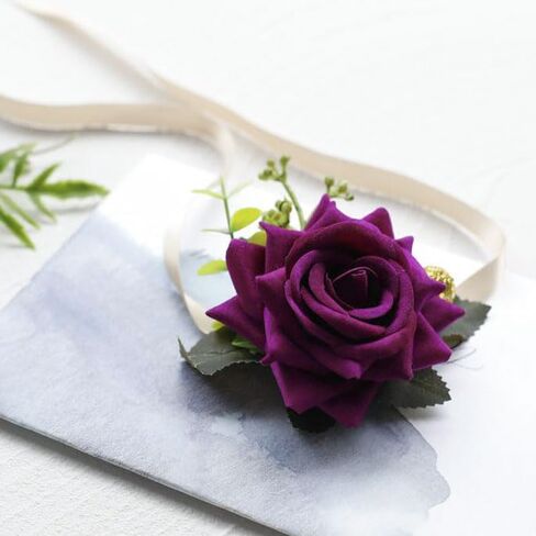 Ciandid Purple Rose Groom Boutonniere & Bride Wrist Corsage Set of 2, Artificial Flowers for Wedding Ceremony Party Prom in Saudi Arabia