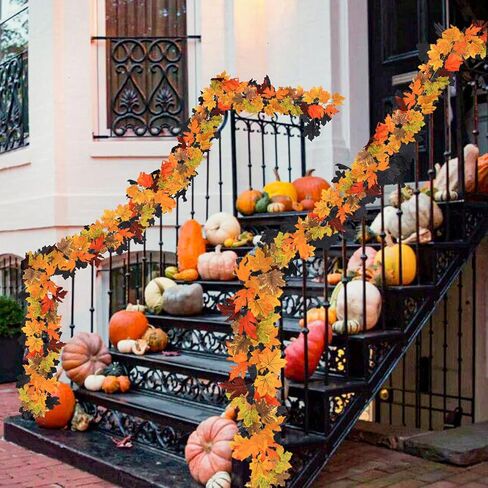 Fall Maple Leaves Garland, 5.7Ft/Piece Artificial Maple Leaf Autumn Garland Fake Fall Leaves Hanging Vines Table Fireplace Front Door Fall Decor Thanksgiving Outside Indoor Decor (2pcs A) in Saudi Arabia