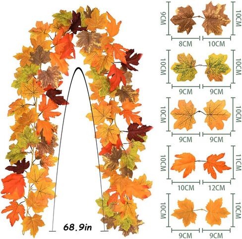Fall Maple Leaves Garland, 5.7Ft/Piece Artificial Maple Leaf Autumn Garland Fake Fall Leaves Hanging Vines Table Fireplace Front Door Fall Decor Thanksgiving Outside Indoor Decor (2pcs A) in Saudi Arabia