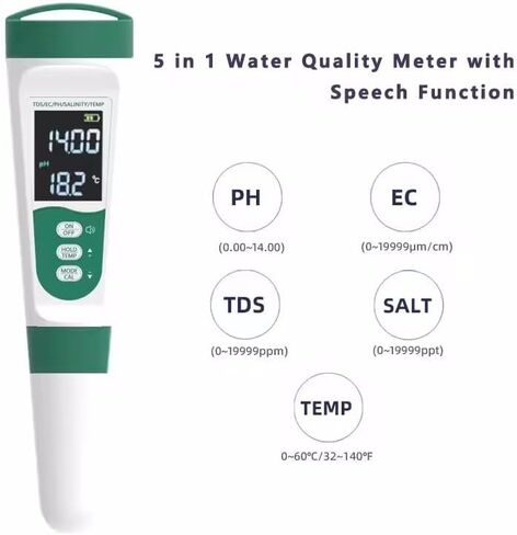 جهاز اختبار جودة المياه 5 في 1 لقياس درجة الحموضة/TDS/EC/الملح/درجة الحرارة، مع جهاز USB قابل لإعادة الشحن، مقياس درجة الحموضة الرقمي IP67 مع معايرة تلقائية وVA للزراعة المائية والحديقة وحمام السباحة وحوض السمك in Kuwait