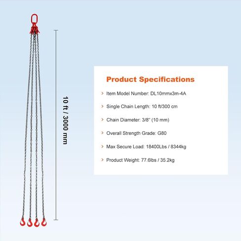 VEVOR Chain Sling, 3/8 inch x 10 ft Lifting Chains with Hooks, G80 Engine Chain Hoist Lifts, 18400 lbs/8 Ton Lifting Sling Chains for Engine Hoist, Engine Lift Chain with 4 Leg Grab Hooks & Adjusters in Saudi Arabia
