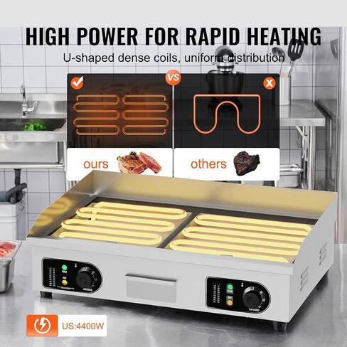 VEVOR Commercial Electric Griddle, 4400W Countertop Flat Top Grill, 122℉-572 ℉ Adjustable Temp, 28.74 x 15.75 x 0.39in Stainless Steel Griddle Grill with 2 Shovels and 2 Brushes for Home or Restaurant in Kuwait