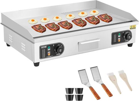 VEVOR Commercial Electric Griddle, 1600W Countertop Half-Flat Top Grill, 22in Stainless Steel Griddle Grill with 2 Shovels and 2 Brushes for Home or Restaurant, 122℉-572℉ Adjustable Temp in Kuwait