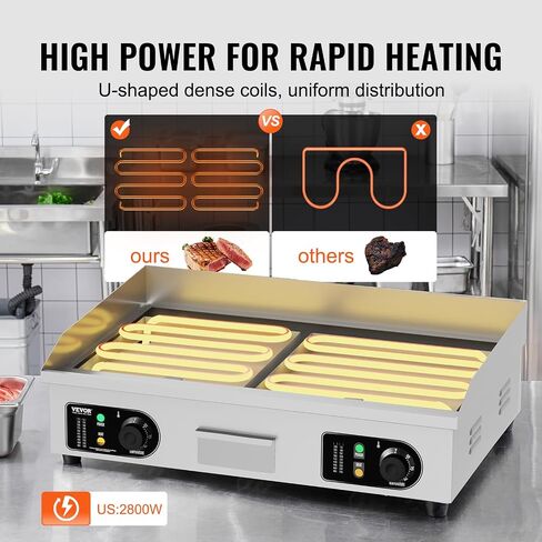 VEVOR Commercial Electric Griddle, 1600W Countertop Half-Flat Top Grill, 22in Stainless Steel Griddle Grill with 2 Shovels and 2 Brushes for Home or Restaurant, 122℉-572℉ Adjustable Temp in Kuwait