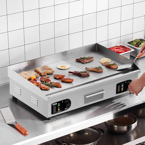 VEVOR Commercial Electric Griddle, 1600W Countertop Half-Flat Top Grill, 22in Stainless Steel Griddle Grill with 2 Shovels and 2 Brushes for Home or Restaurant, 122℉-572℉ Adjustable Temp in Kuwait