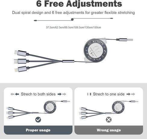 Multi Charging Cable,(2 Pack 5FT),Retractable Charging Cable 3 in 1 Charging Cable Universal USB Charging Cord with Type-C, Micro USB,IP Port for Most Cell Phones & Pads-Gray in Saudi Arabia