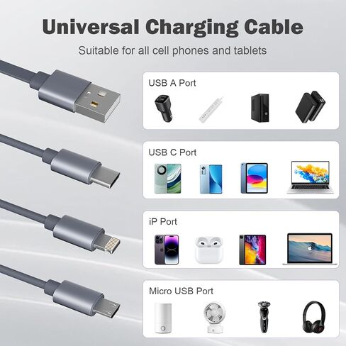 Multi Charging Cable,(2 Pack 5FT),Retractable Charging Cable 3 in 1 Charging Cable Universal USB Charging Cord with Type-C, Micro USB,IP Port for Most Cell Phones & Pads-Gray in Saudi Arabia