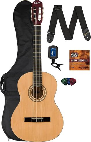 جيتار صوتي كلاسيكي من Fender Squier SA-150N - حزمة طبيعية مع حقيبة الحفلة والموالف والحزام واللقطات وجيتار DVD من أوستن بازار in Kuwait