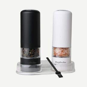 Electric Salt and Pepper Grinder Set, Battery Operated, Led Light, One Handed Operation, Ceramic Adjustable Coarseness (Black and White)