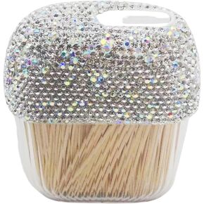 Bling Toothpick Holder Dispenser,Rhinestone Toothpics Case /Tooth Picks Lot Container with Bamboo Round Toothpicks for Travel Home Hotel (Silver)