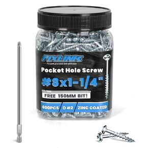 Pocket Hole Screws 1-1/2 Inch, FIXLINK Pocket Screws #8 X 1-1/2", 325 PCS, Zinc Coated Pocket Hole Screws for Outdoor, Square Drive, 150MM Drive Bit Included