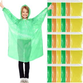 Berlune 30 Pcs Kid Rain Ponchos Bulk Disposable Ponchos for Kid Emergency Raincoat with Drawstring Hood and Elastic Sleeves