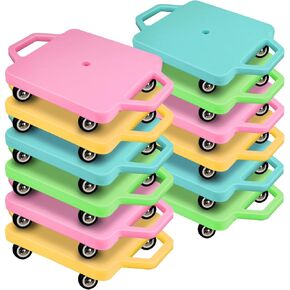 12 Pcs Sports Scooter Board with Handles for Kids Non-Marring Plastic Casters Floor Scooter Board Sitting Scooter Board Boy Girl Gym Indoor Outdoor Activities Play Equipment