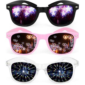 Hifot 3 Pcs Diffraction Glasses, 3D Prism Rainbow Heart Star Effect with Black Frames, Refraction Glasses Light Diffraction Glasses Rave Glasses Women Men for Edm Concert Party Club Rave Accessories