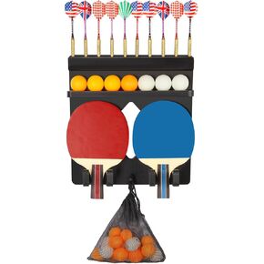 Ping Pong Paddle Holder Wall Mount, Ping Pong Rack Dart Holder 2-in-1 Hold 8 Paddles, 100% Solid Wood Table Tennis Organizer, Black