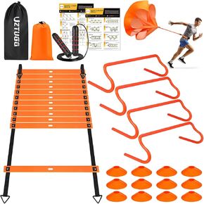 Soccer Training Equipment, Football Speed Agility Training Equipment, Agility Training Kit for Kids Youth Adults, 20ft Agility Ladder, 12 Soccer Cones, 4 Hurdles, Jump Rope, Running Parachute, Bag