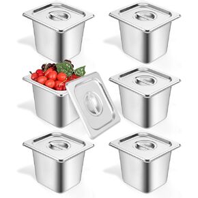 6 Set Hotel Pan 1/6 Size 6 Inch Deep Stainless Steam Table Pans with Lids Stackable Commercial Anti Jam Metal Steam Tray Catering Food Storage Steel Pan for Hotel Restaurant Buffet Party Supplies