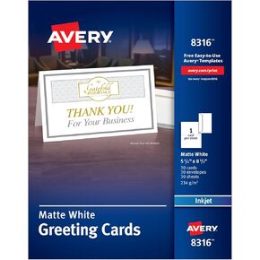 بطاقات تهنئة Avery نصف قابلة للطي، نفث الحبر، 5.5 × 8.5، أبيض غير لامع، صندوق من 30، مغلفات متضمنة (8316)
