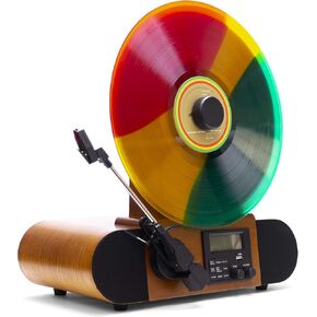 Wrap Vertical Vinyl Record Player | FM Radio, Bluetooth in/Out, AUX, Line Out | Alarm Clock | Premium Ceramic Needle | Full Range Speakers | Vintage Mid Century Modern | Handcrafted Ashtree Wood