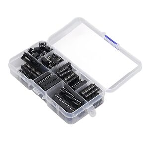 66Pcs 6P to 28P Insulating Plastic IC Chip Socket, Black Flat Pin IC Assortment Kit Circuit Components for Installation on PCB Boards and Circuit Boards