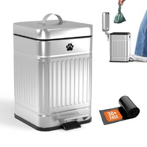 Small Dog Poop Trash Can Outside, 1.3 Gal Metal Small Outdoor Trash Can with Lid for Dog Poop, Dog Waste Container with Pedal, Dog Poop Garbage Can, Dog Poop Trash Can, Backyard Odor Control (Steel)