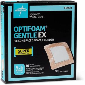 Medline Optifoam Gentle EX Bordered Foam Adhesive Dressing, 5" x 5" Square (10 Count)