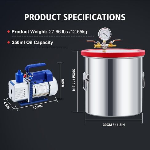 5 Gallon Vacuum Chamber with Pump Kit, 1/3 HP 5 CFM Vacuum Degassing Chamber Kit, 0.7in High-Seal Acrylic Lid, Ideal for Stabilizing Wood, Degassing Silicones, Epoxies and Essential Oils in Kuwait