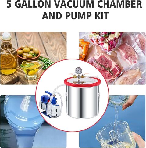 5 Gallon Vacuum Chamber with Pump Kit, 1/3 HP 5 CFM Vacuum Degassing Chamber Kit, 0.7in High-Seal Acrylic Lid, Ideal for Stabilizing Wood, Degassing Silicones, Epoxies and Essential Oils in Kuwait