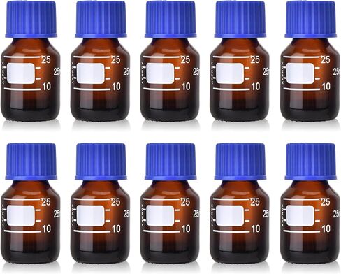 10 Packs Reagent Media Storage Bottles, 25ml Borosilicate Glass Graduated Round Bottles with GL25 Blue Screw Cap for Lab Water Reagent Liquids (Amber, 25ML) in Saudi Arabia
