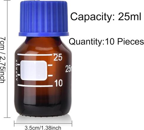 10 Packs Reagent Media Storage Bottles, 25ml Borosilicate Glass Graduated Round Bottles with GL25 Blue Screw Cap for Lab Water Reagent Liquids (Amber, 25ML) in Saudi Arabia