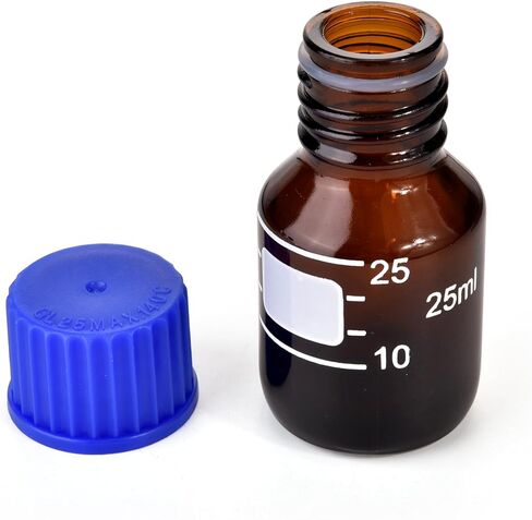10 Packs Reagent Media Storage Bottles, 25ml Borosilicate Glass Graduated Round Bottles with GL25 Blue Screw Cap for Lab Water Reagent Liquids (Amber, 25ML) in Saudi Arabia